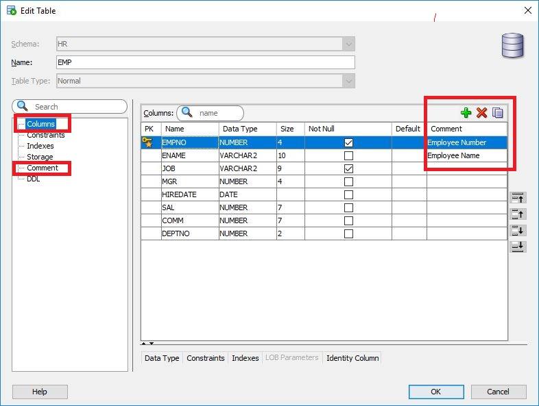 Add comments to columns of a table in Oracle SQL Developer.