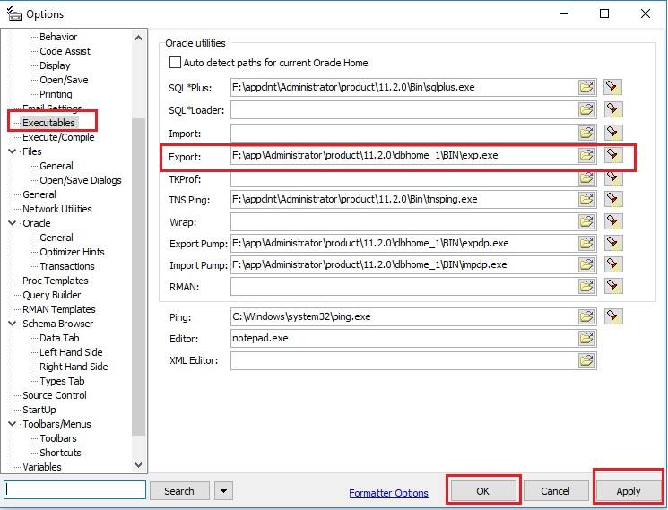 Set the export utility path in Toad options