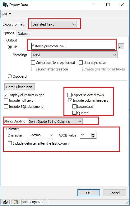 Export data into CSV file from Toad