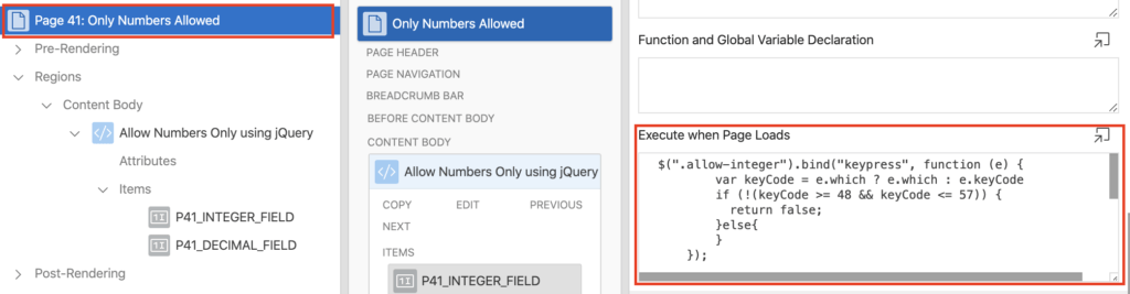 Add jQuery code to a Page in Oracle Apex.