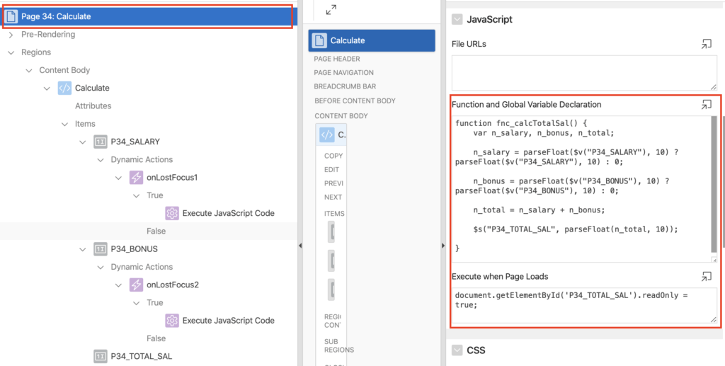 Calculate field values using JavaScript in Oracle Apex.
