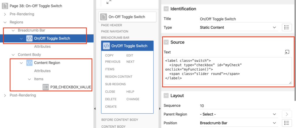 Region settings for Toggle switch in Oracle Apex.
