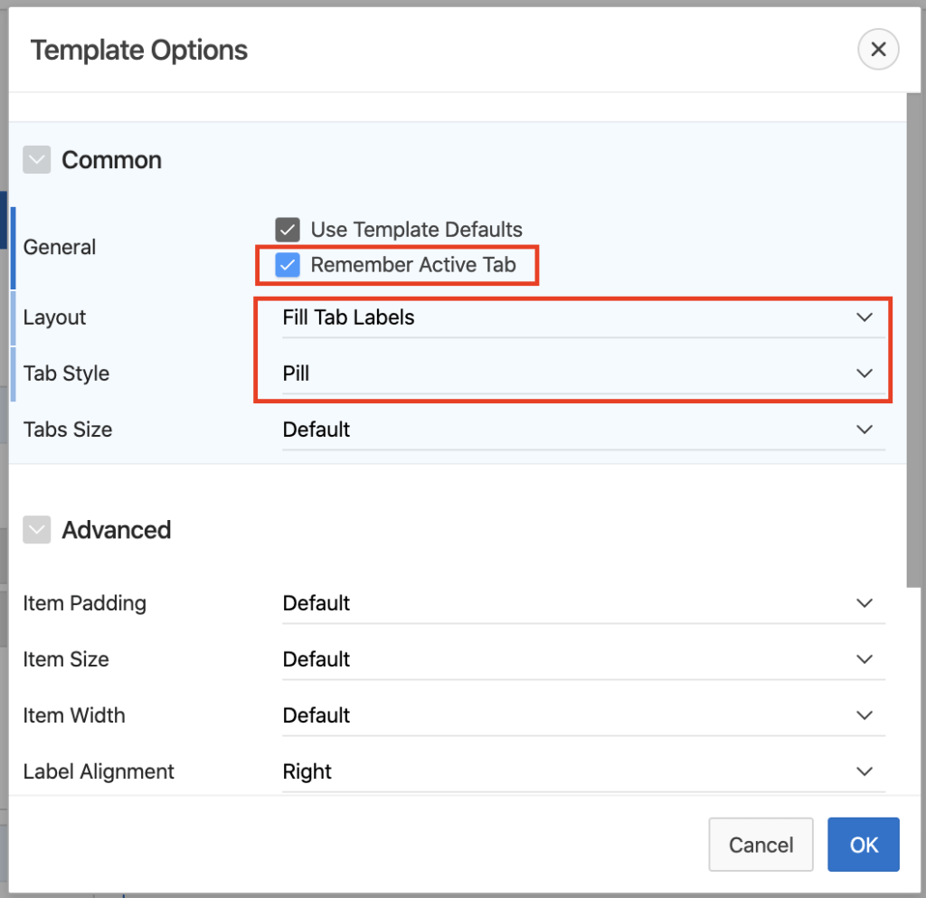 Tab pages template options.