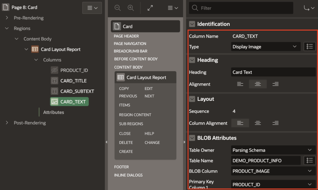 Card layout report image column settings.