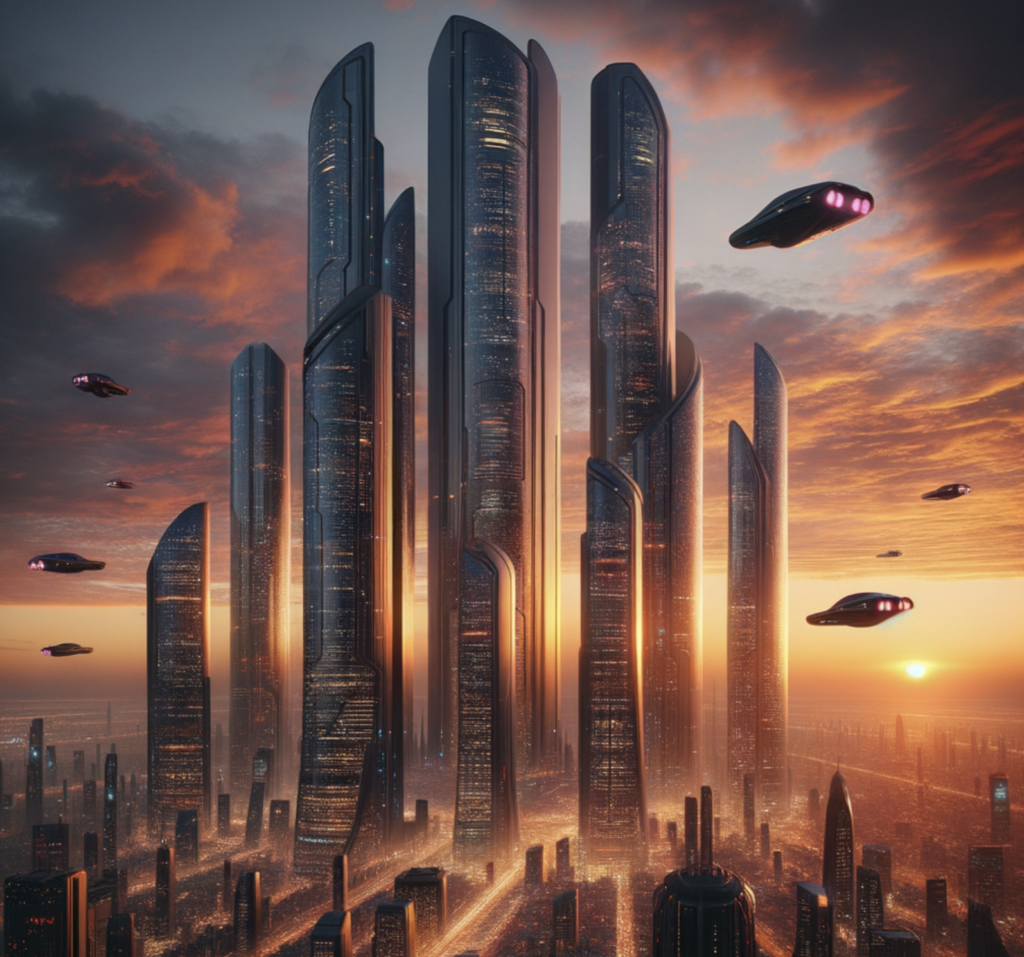 futuristic cityscape with skyscrapers, sunset background, and flying cars